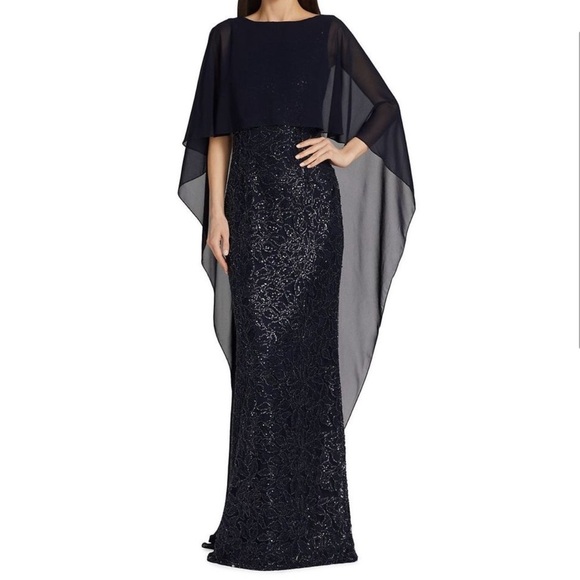 Teri Jon by Rickie Freeman Capelet Sequin Gown in navy size 4 - Picture 1 of 11